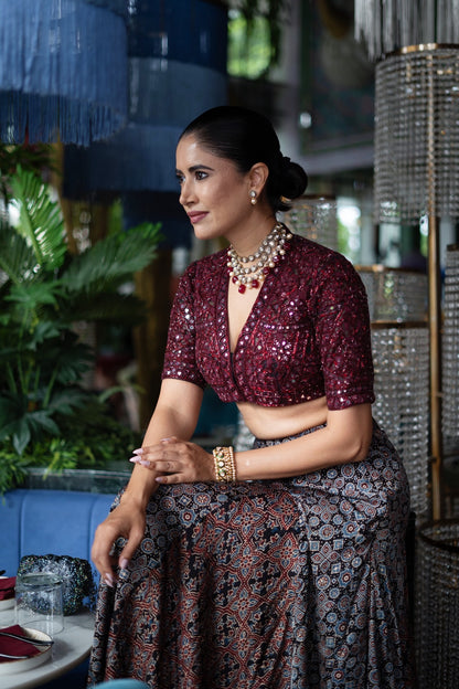 A mirror embroidered blouse with an Ajrak skirt (NBF-180)