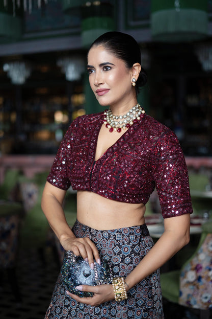 A mirror embroidered blouse with an Ajrak skirt (NBF-180)