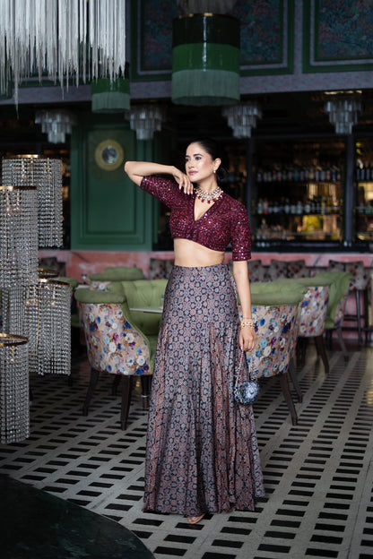 A mirror embroidered blouse with an Ajrak skirt (NBF-180)