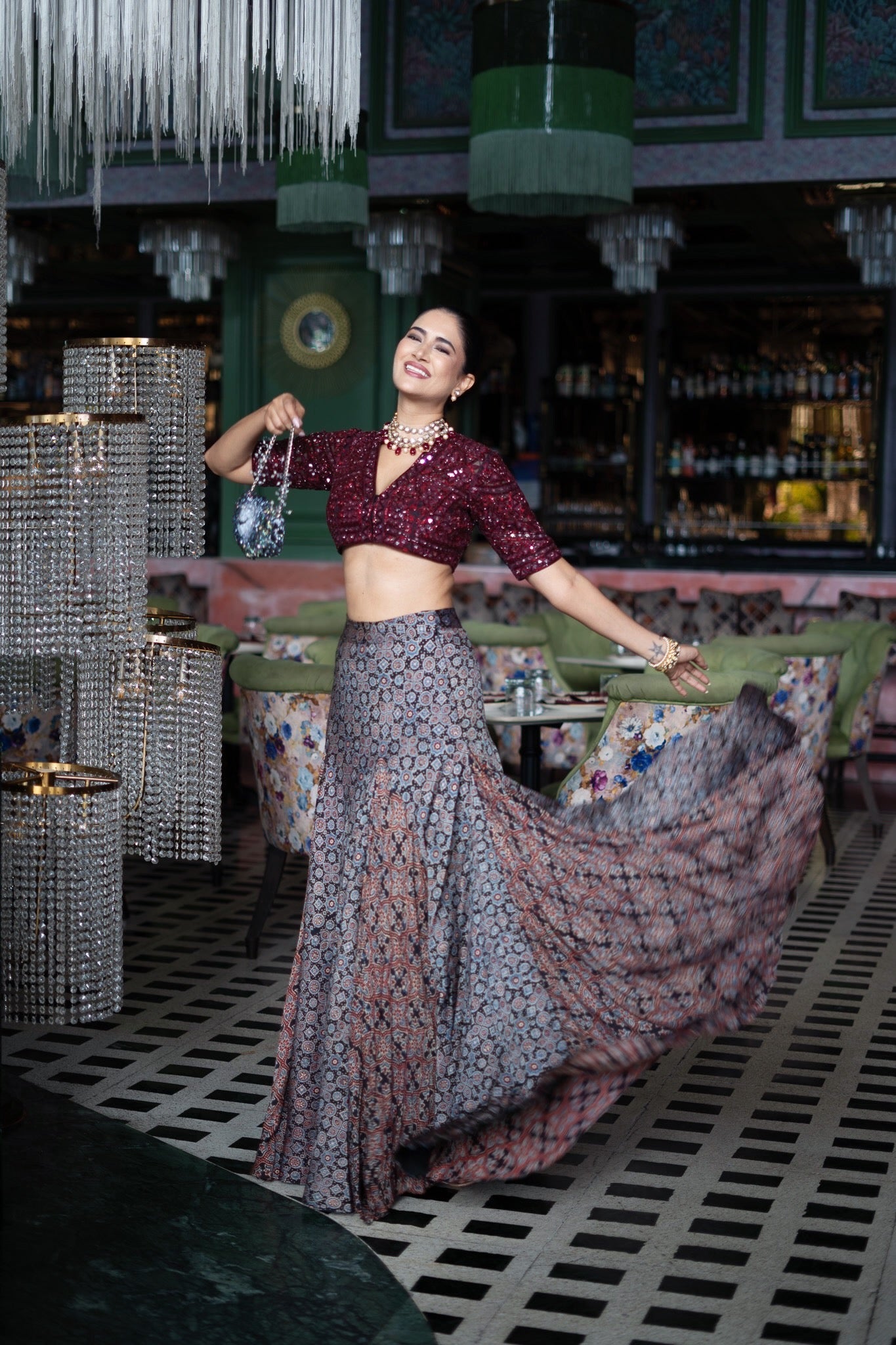 A mirror embroidered blouse with an Ajrak skirt (NBF-180)