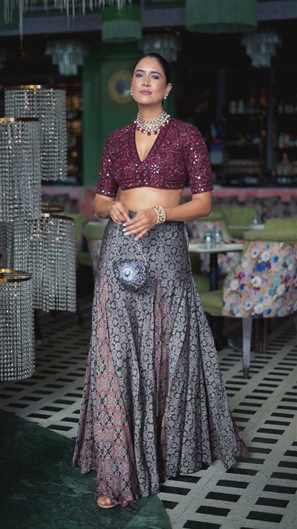 A mirror embroidered blouse with an Ajrak skirt (NBF-180)