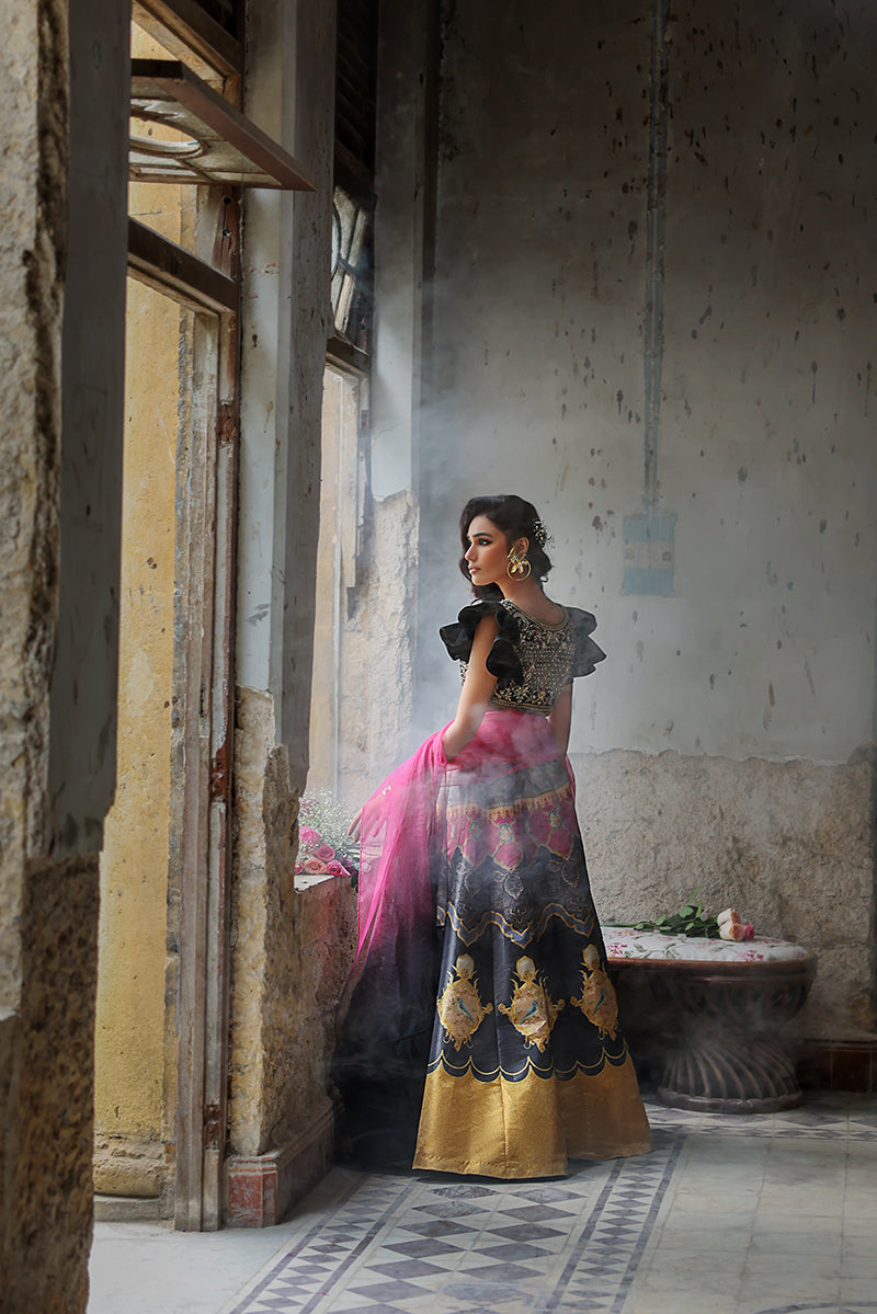 Off White & Black Embroidered Jacket - Banarsi Blouse - Lehenga