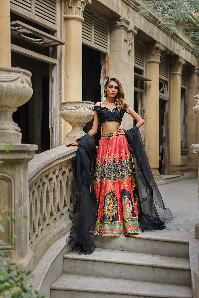 Black Off Shoulder Blouse with Printed Lehenga (OA-7461)