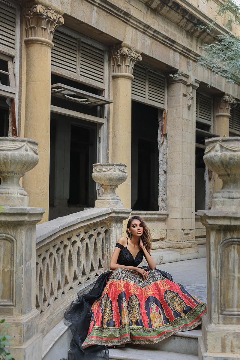 Black Off Shoulder Blouse with Printed Lehenga (OA-7461)