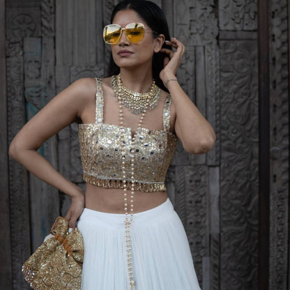 Gold Crop Top with White Skirt & Ruffled Dupatta (AB-54)